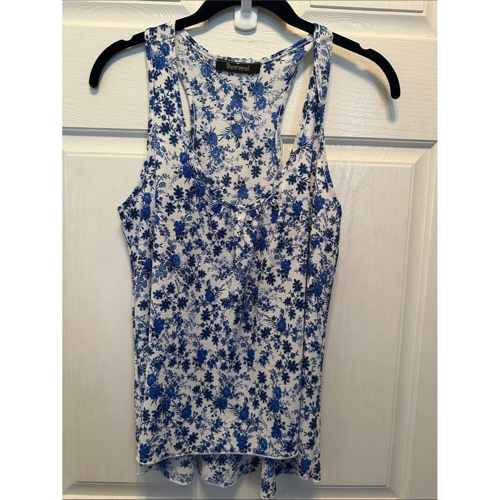Beware! Blue & White Floral Racerback Scoop Tank Size Small